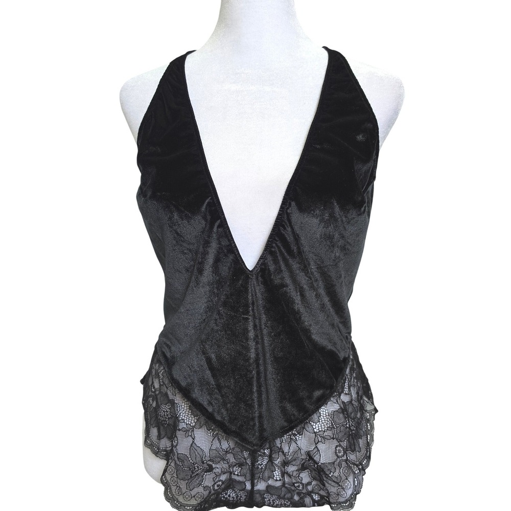 Victoria's Secret Black Velvet Lace Rhinestone Halter Teddy Bodysuit XL NWT